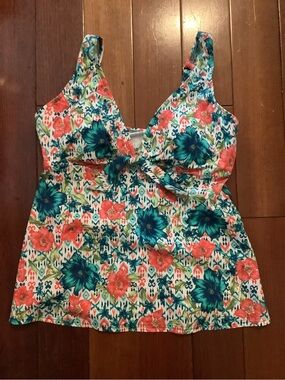 Swim Solutions Floral Tie-Front One-Piece - Coral & Teal & White